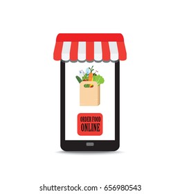 Order food online with paper bag with food and drink on the screen, conceptual flat vector illustration.