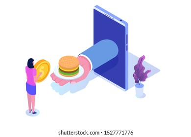 Order food online services, fastfood delivery isometric concept. Vector illustration