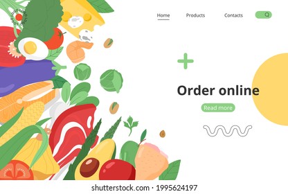 Solicitud de alimentos en línea. Ilustración vectorial plana con productos dietéticos u orgánicos o nutrición equilibrada. 