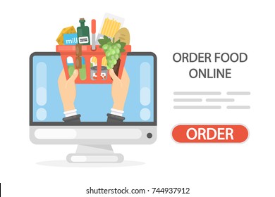 Order Food Online Using Computer. Food Basket On The Screen.