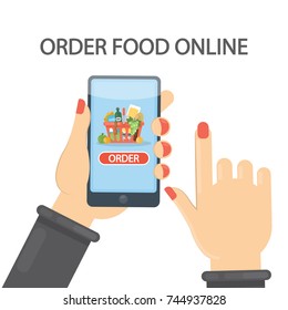 Order food online using smartphone. Hand holding device with button.