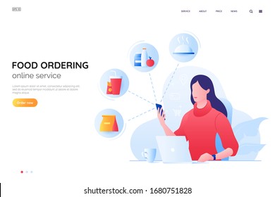 Order food online vector illustration. Girl at a laptop orders food over the Internet. Home delivery web page concept.