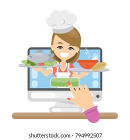 Order food online. Woman chef with meals.