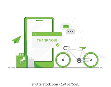 Order food online from your phone. Contactless food delivery by bicycle. Home delivery during quarantine. Thank you for your purchase. Green. Flat design. Eps 10