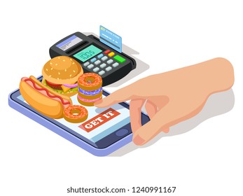 Order food with phone isometric vector illustration