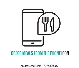 Order food and smartphone thin line icon, concept of buying food on internet with mobile phone sign on white background.
