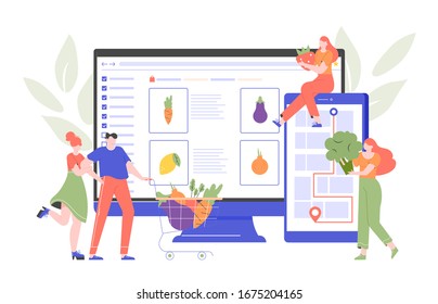 Order fresh fruits and vegetables online. Healthy eating. Web service and mobile application. Male and female characters are shopping via web and smartphone. Vector flat illustration.