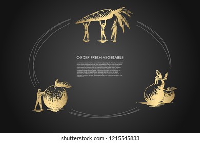 Order fresh vegetable - people with carrot, pear and apple vector concept set. Hand drawn sketch isolated illustration