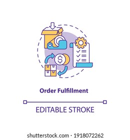 Order fulfillment concept icon. Warehouse audit elements. Process and delivering orders to customers. Delievery idea thin line illustration. Vector isolated outline RGB color drawing. Editable stroke