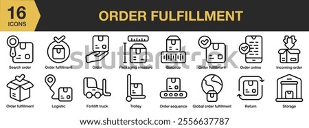 Order Fulfillment icon set. Includes packaging, order, barcode, trolley, order sequence, return, storage, incoming, online, and More. Outline icons vector collection.