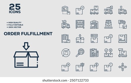 Order Fulfillment set of 25 outline icons related to Fitness. Linear icon collection. Editable stroke. Vector illustration