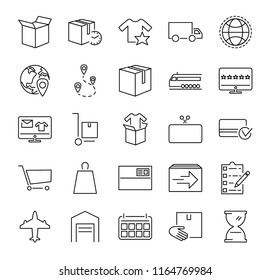 Order fulfillment vector illustration icon collection set. Outlined pictorgrams about online shopping, delivery service, goods packaging and purchase from storehouse. Global shipping and buying retail