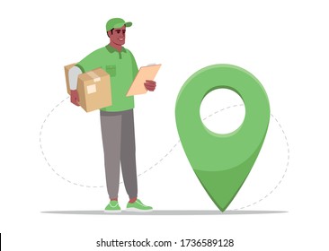 Order geolocation semi flat RGB color vector illustration. GPS pointer to location of parcel. Ecommerce service. Courier with mail. Male delivery man isolated cartoon character on white background