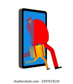 Order gifts online Gadget. christmas and New Year. Gifts and Smartphone. web present order. gift box Shop window in Phone screen

