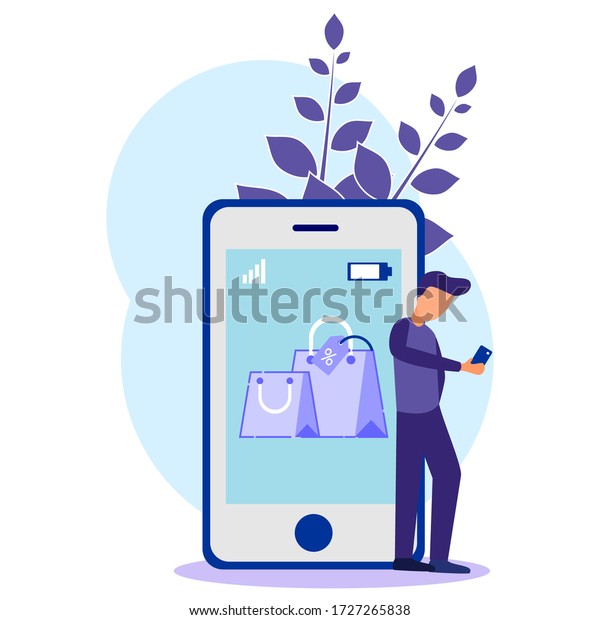 Order goods, online\
illustrations. Shop on eccomerce. Pay online. Young man with his\
needs, a mobile website. Landing page template for Social Media and\
Networks.