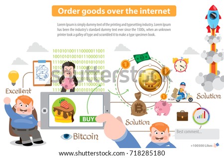 Order goods over the internet. Bitcoin, cryptocurrency concept. Vector infographics for business, presentations, advertising posters, flyers, banners and more.