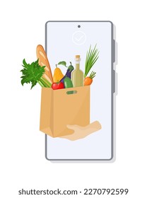 Order groceries by phone. Delivery of products. Color vector illustration.