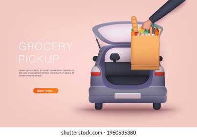 Order groceries online. Pick up point in food supermarket. Safe shopping. 3D Vector Illustrations.