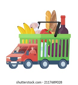 Order grocery delivery. Flat modern vector illustration for web site design, banner, landing page. Food and drinks delivery. E-commerce illustration concept.