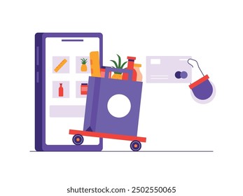 Order grocery on mobile app, pay by card and have it delivered to customer's home. Character design. Vector flat illustration