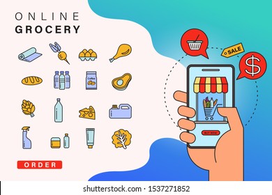 Order grocery online from app by smart phone. Fast delivery. Concept illustration with food and grocery icons, smart phone in hand with supermarket online shopping cart.