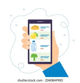 
Order grocery online. Buying groceries online using a mobile application. Food delivery concept. Ordering food using a smartphone. Isolated illustration on a white background.