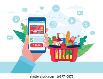 Order grocery online. Order with smartphone and pay with credit card. Cart with different groceries. Vector illustration in flat style