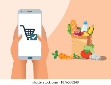 Order grocery online. Order with smartphone and pay with credit card. Cart with different groceries. Vector illustration in flat style