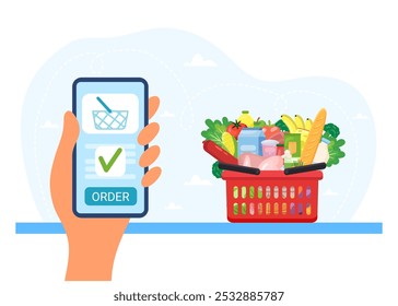Order grocery online. Order with smartphone and pay with credit card. Cart with different groceries. Vector illustration in flat style