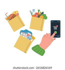 Order grocery online. Order with smartphone and pay with credit card. Cart with different groceries. Vector illustration in flat style