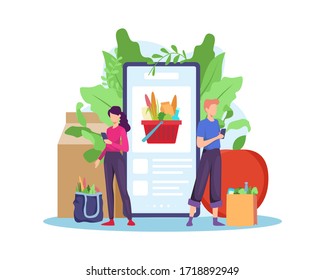 Order grocery online. Order with smartphone, shopping online concept. People buying grocery food products in mobile app. Order and Delivery in Online Supermarket. Vector illustration in flat style