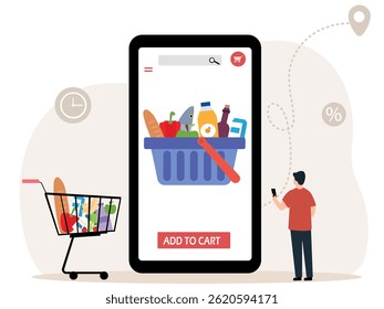Order grocery with smartphone.people buying grocery food products in mobile app online Supermarket. Vector illustration