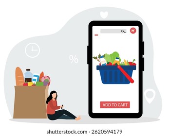 Order grocery with smartphone.people buying grocery food products in mobile app online Supermarket. Vector illustration