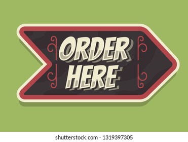 Order Here Arrow Sign Typographic Vintage Influenced Business Sign Vector Design 