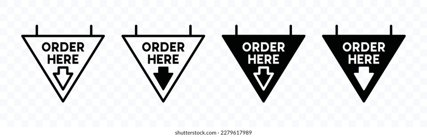 Order here arrow signs. Reserve, request, reservation, instruction arrowsign and symbol. Vector illustration