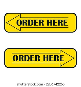Order here banner. Sticker isolated on white background. Order here text. Business concept for stores, flyers, social media, online shopping, food delivery, customer care. Vector illustration
