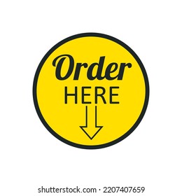 Order here banner. Sticker isolated on white background. Order here text. Business concept for stores, flyers, social media, online shopping, food delivery, customer care. Vector illustration