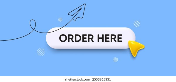 Order here message in search bar 3d template. Order here search button. 3d mouse cursor with continuous line paper plane. Share template banner with order here search bar. Vector