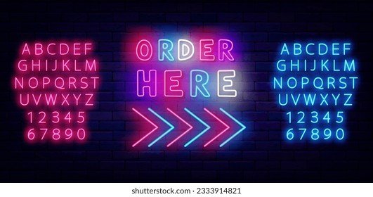 Order here neon label with arrow. Shiny pink and blue alphabet. Online reservation. Booking concept. Night club, bar and market sign. Glowing invitation. Editable stroke. Vector stock illustration