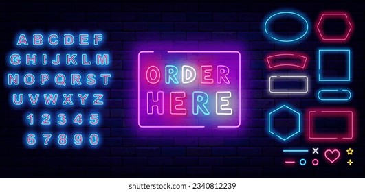 Order here neon label. Shiny blue alphabet. Online reservation. Booking concept. Geometric frames collection. Night club, bar and market. Glowing invitation. Editable stroke. Vector stock illustration
