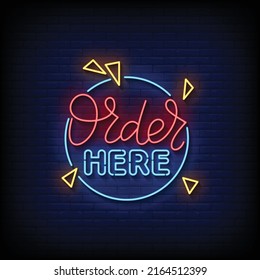 Order Here Neon Sign On Brick Wall Background Vector