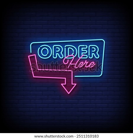 order here neon sign vector with brick wall background 