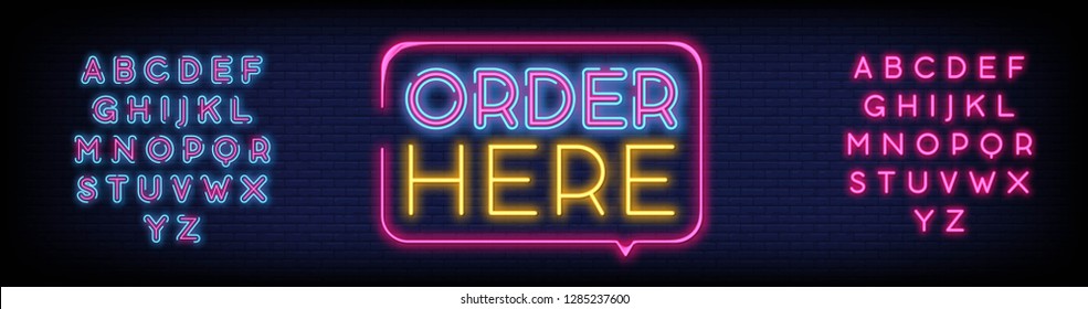 Order Here Neon Text Vector. Order Here neon sign  design template  modern trend design  night neon signboard  night bright advertising  light banner  light art. Vector. Editing Text Neon Sign