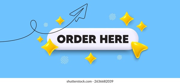 Order here search bar. Share plane line icon. Order here. Buy now announce sign. Business offer symbol. Search button with 3d sparkles. Vector