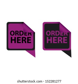Order Here violet sticker and label vector set.