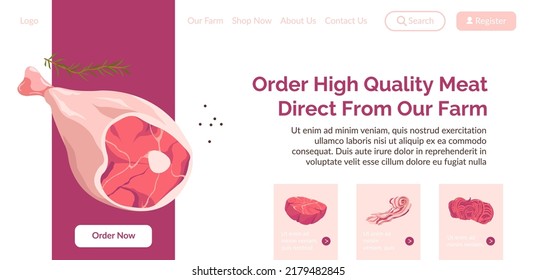 Order high quality meat direct from our farm, delivery and shipping to home. Culinary ingredients and meal preparing food. Website landing page, online web page template. Vector in flat style