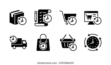 Order history flat icon set. Containing package, checklist, cart, online shop, delivery or shipping, shopping bag, basket, time, purchase, checkout, buy, list, and payment. Vector illustration