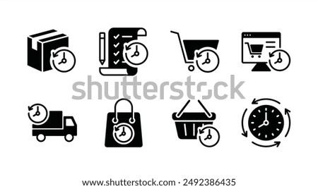Order history flat icon set. Containing package, checklist, cart, online shop, delivery or shipping, shopping bag, basket, time, purchase, checkout, buy, list, and payment. Vector illustration