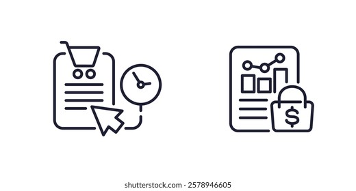 order history line icons, shopping cart and clock, sales vector