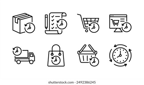 Order history thin line icon set. Containing package, checklist, cart, online shop, delivery or shipping, shopping bag, basket, time, purchase, checkout, buy, list, and payment. Vector illustration